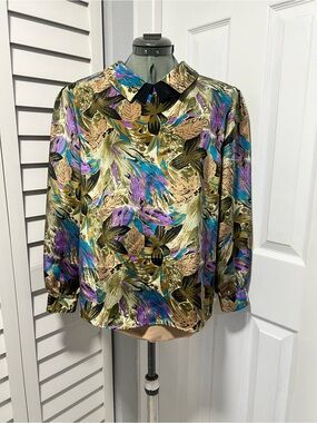 St Moritz Vintage Floral Collared Long-Sleeve Blouse in Purple, Teal & Gold